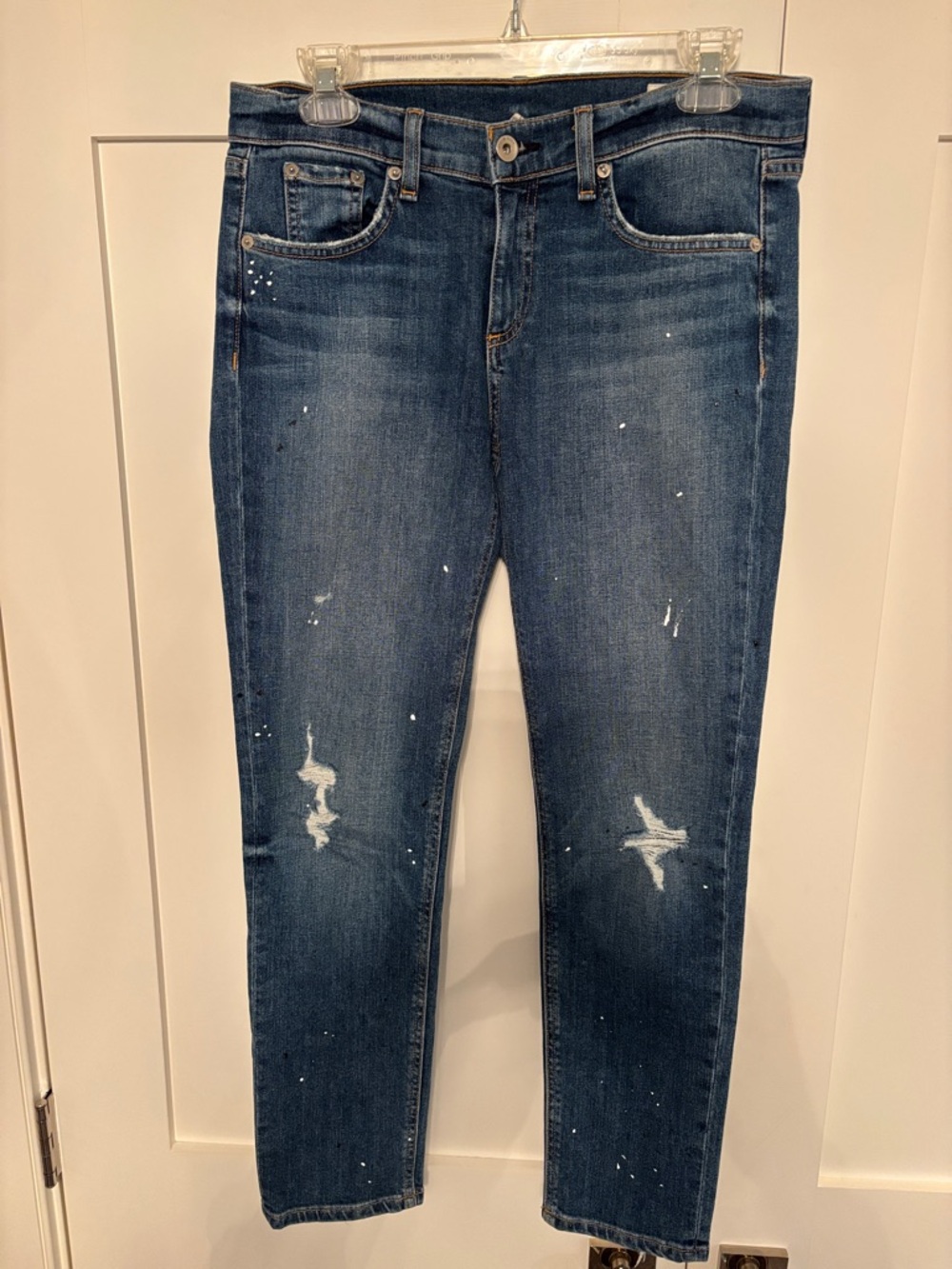 rag & bone Indigo Straight-Leg Jeans with Distressed & Paint-Splatter Details